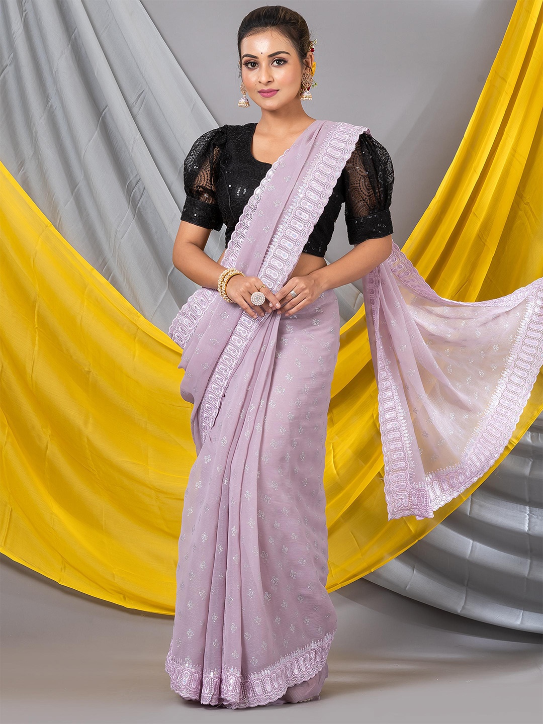 

MAHALASA Floral Printed Pure Chiffon Saree, Lavender