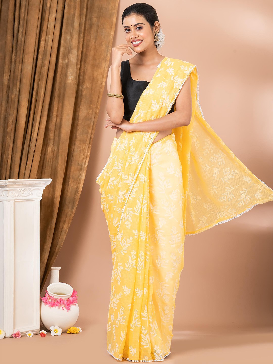 

MAHALASA Floral Printed Pure Chiffon Saree, Yellow
