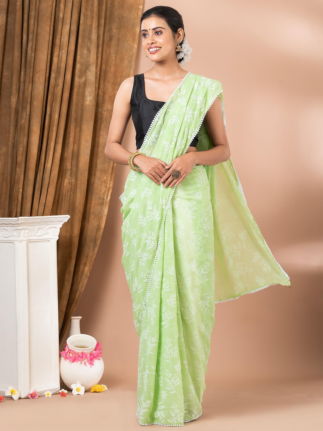 

MAHALASA Floral Pure Chiffon Saree, Lime green
