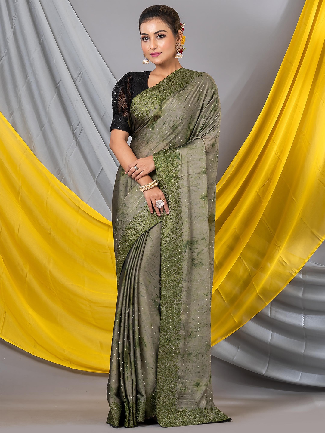 

MAHALASA Tie and Dye Embroidered Beads and Stones Organza Saree, Green