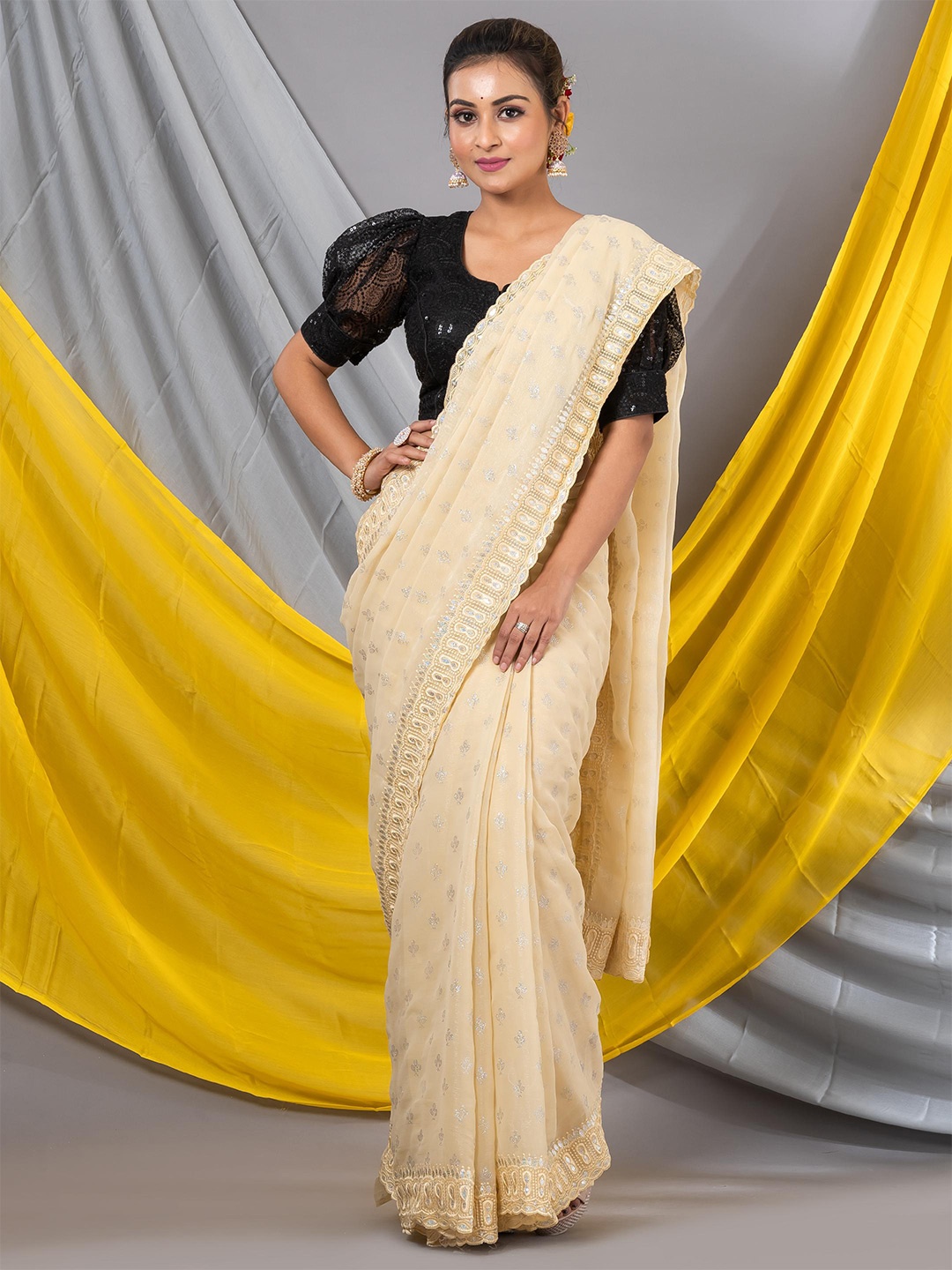 

MAHALASA Floral Printed Pure Chiffon Saree, Yellow