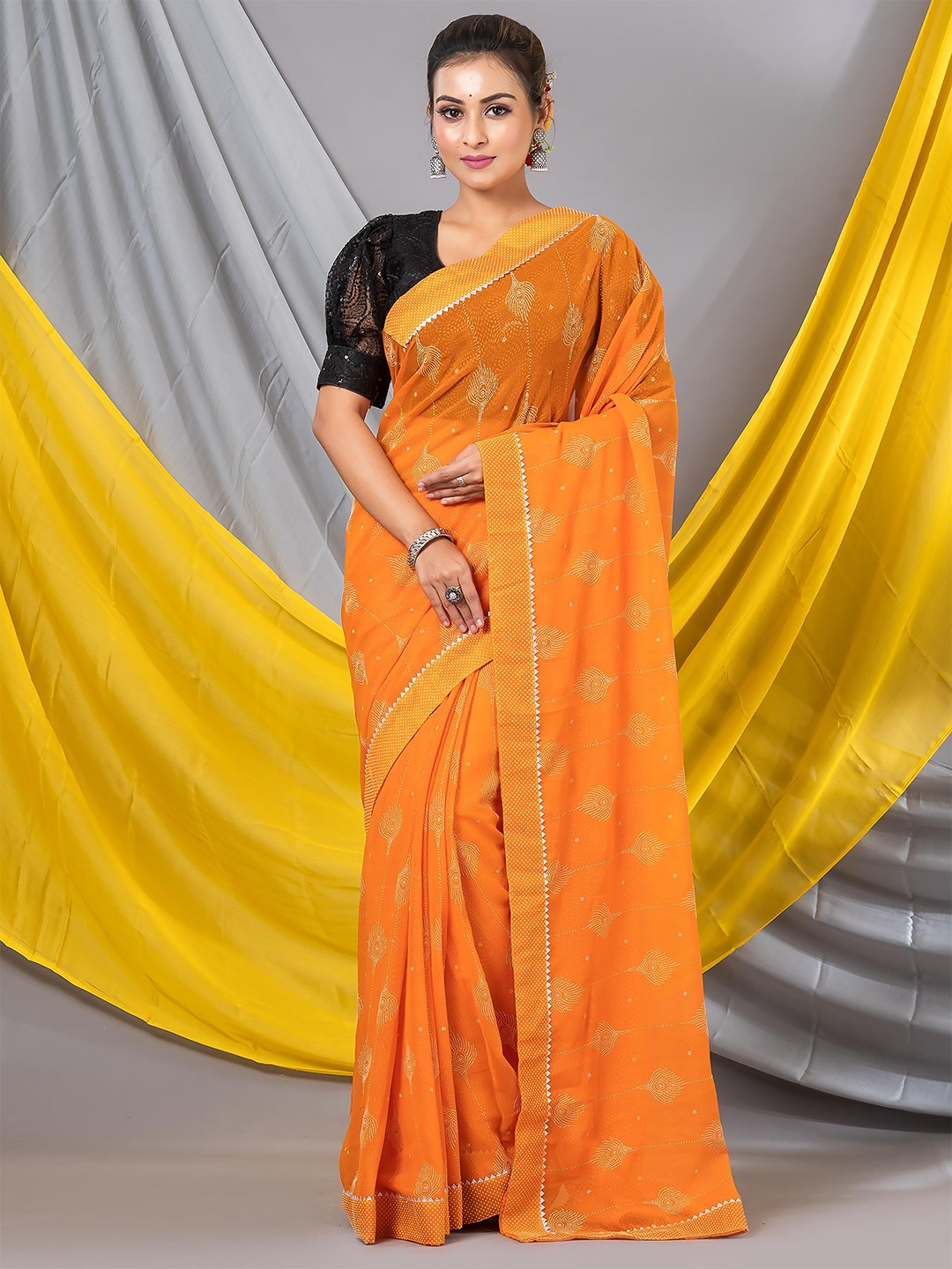 

MAHALASA Embroidered Pure Georgette Saree, Orange