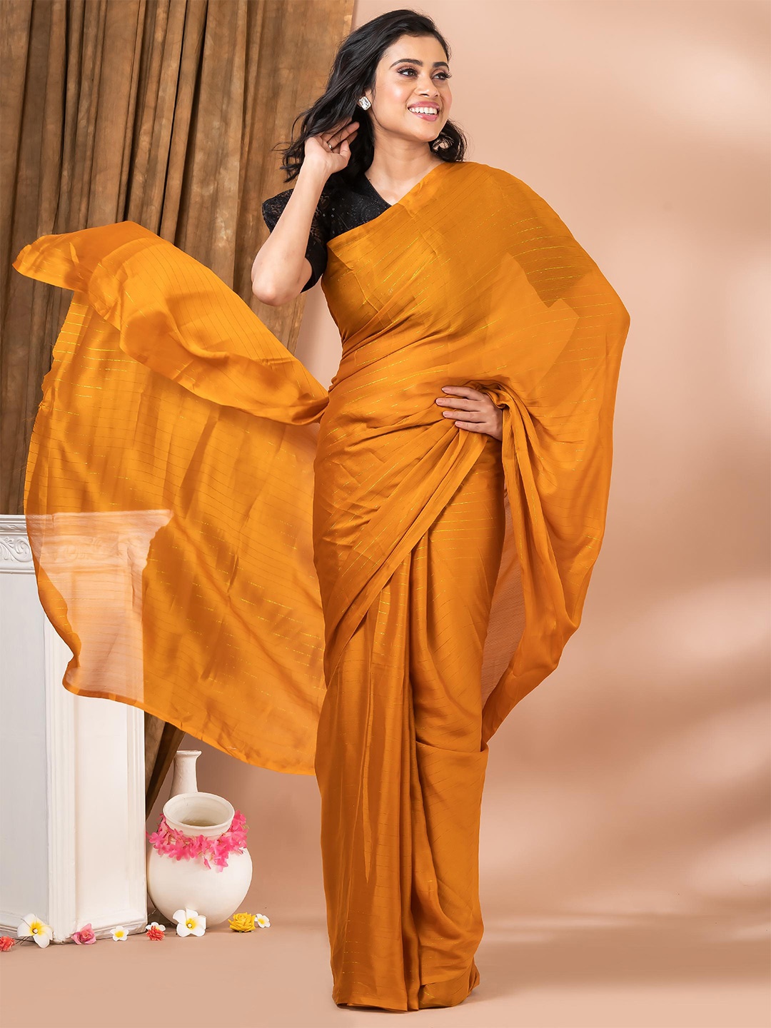 

MAHALASA Striped Zari Saree, Mustard