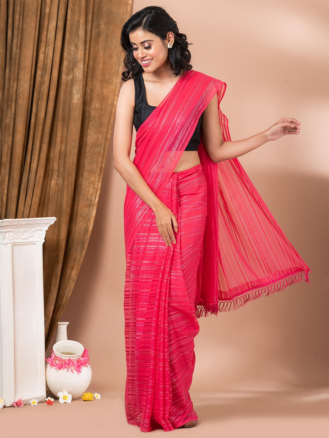 

MAHALASA Striped Zari Saree, Pink