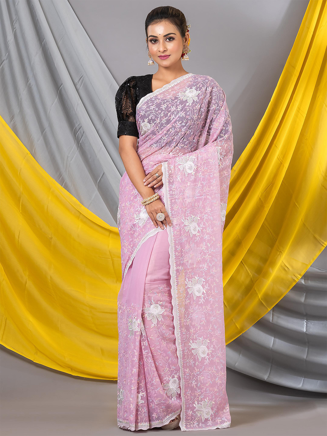 

MAHALASA Floral Embroidered Pure Georgette Saree, Pink
