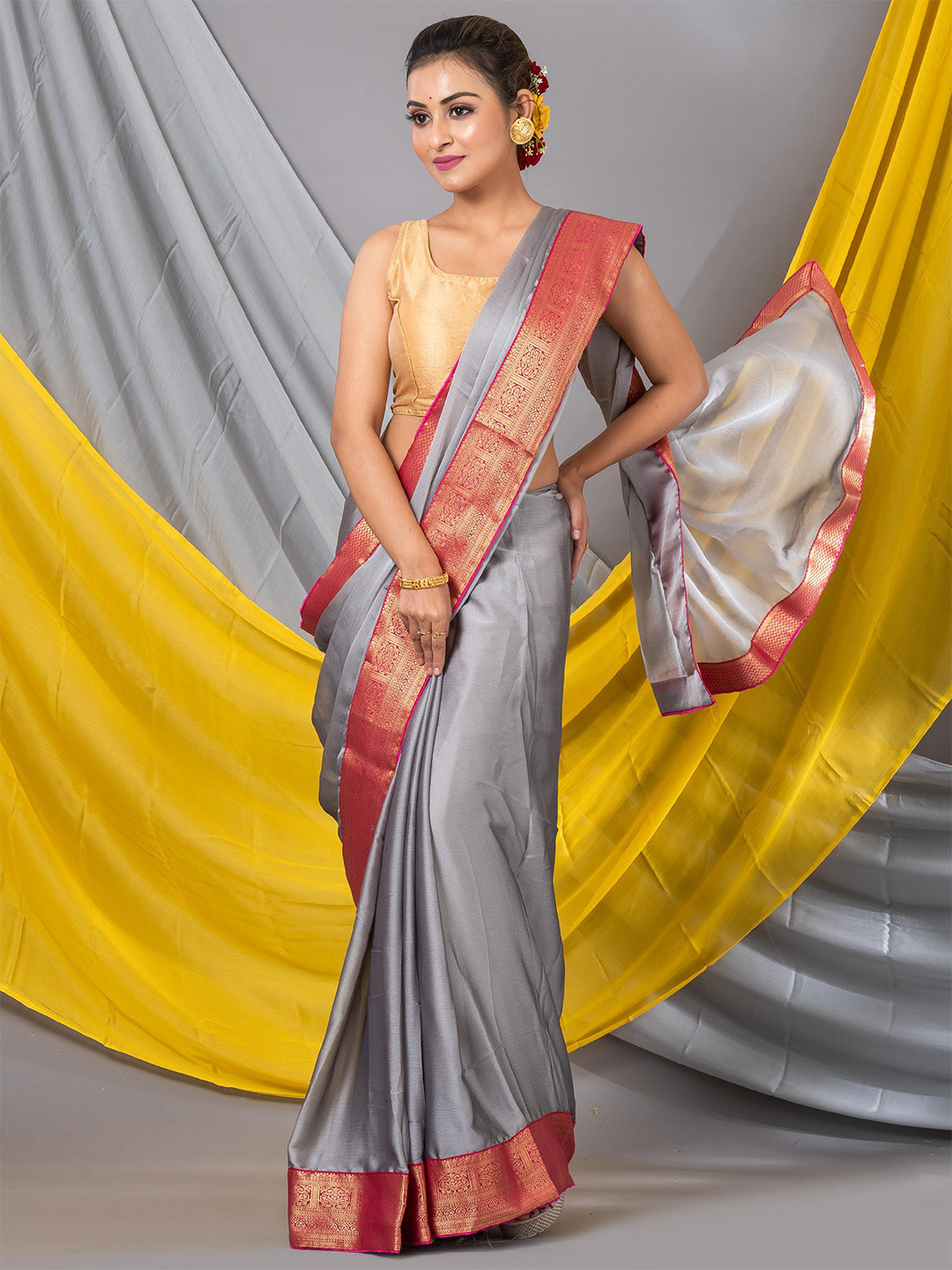 

MAHALASA Woven Design Zari Art Silk Saree, Grey