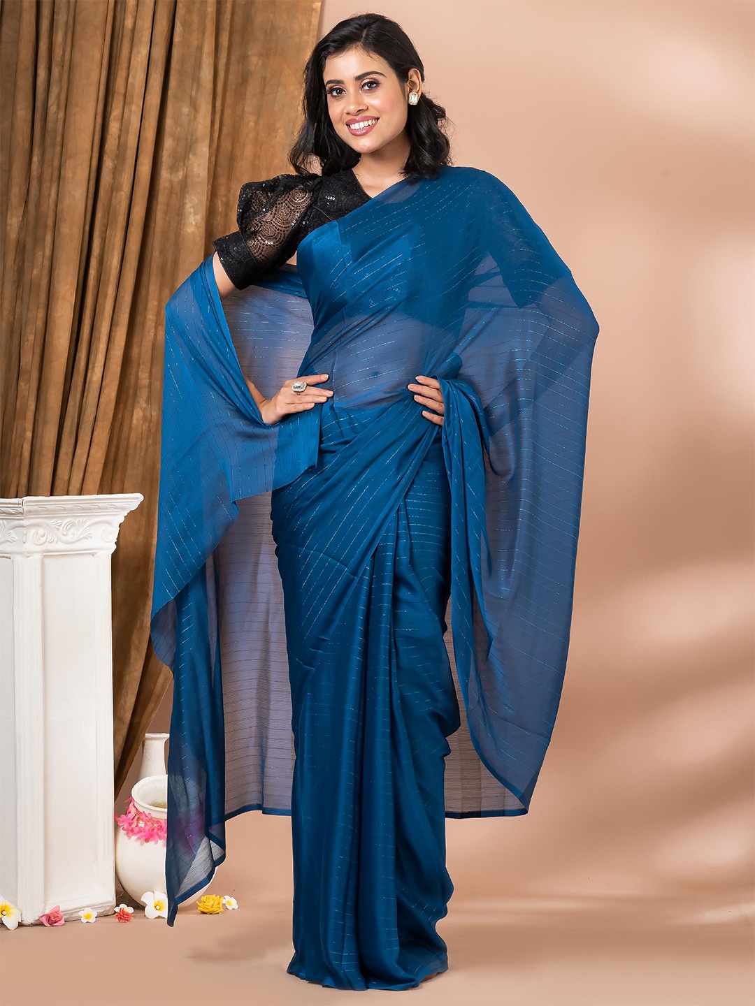 MAHALASA Striped Saree, Blue