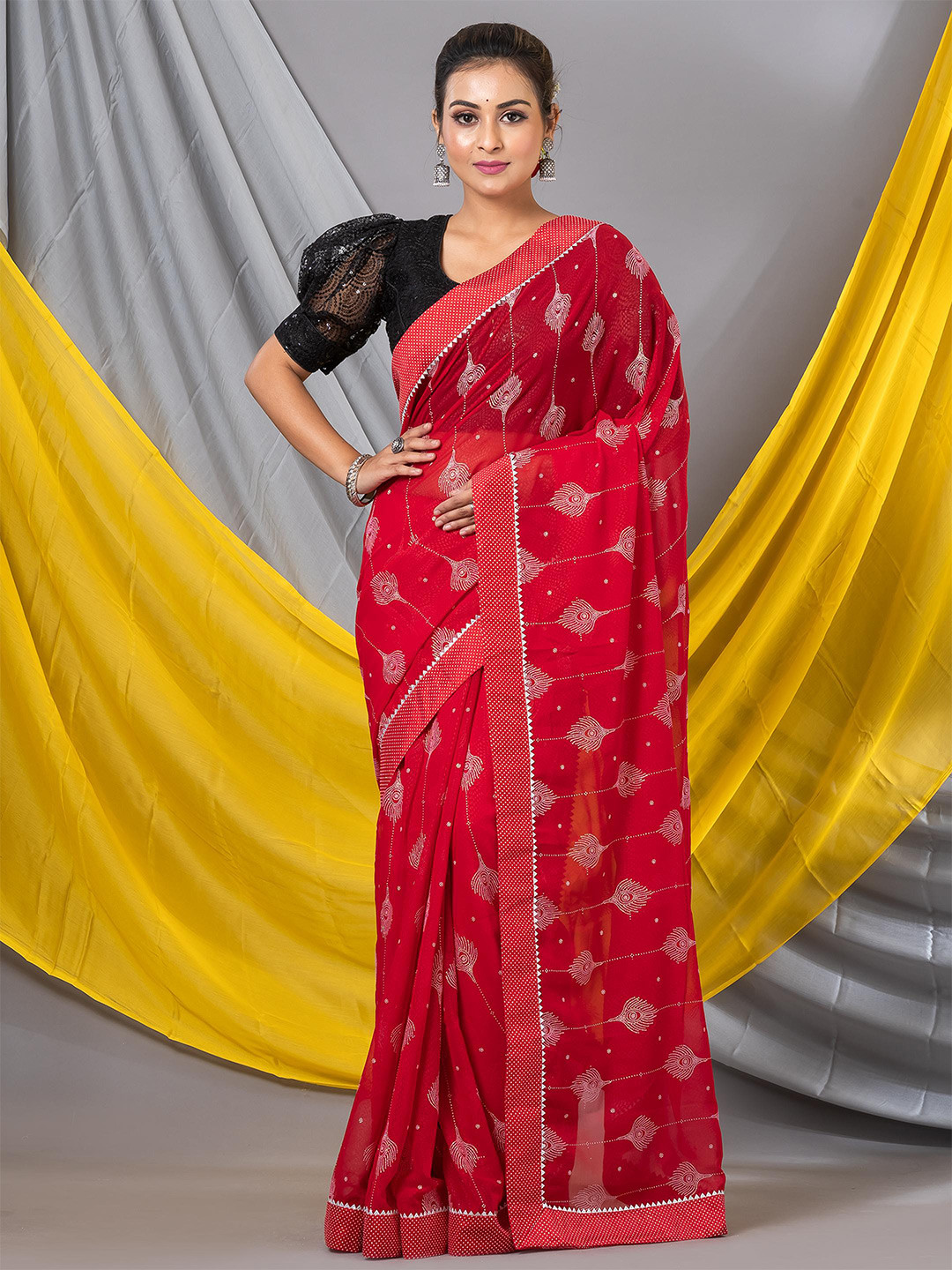 

MAHALASA Embroidered Pure Georgette Saree, Red