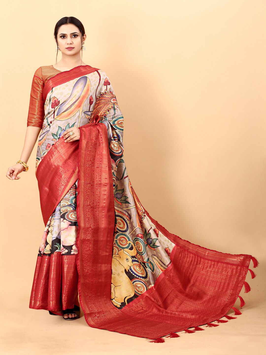 

KAPADIYA FAB Kalamkari Printed Pure Silk Banarasi Saree, Cream