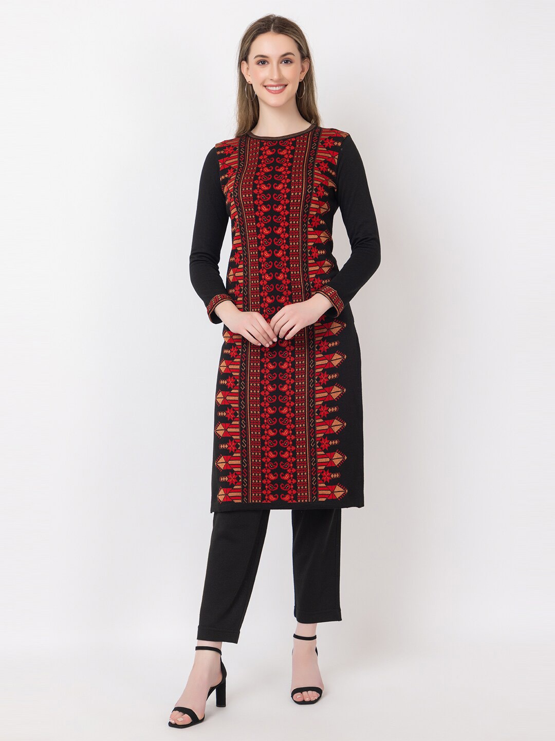 

KEIKO Thread Work Ethnic Motifs Embroidered Round Neck Acrylic Straight Kurta, Black