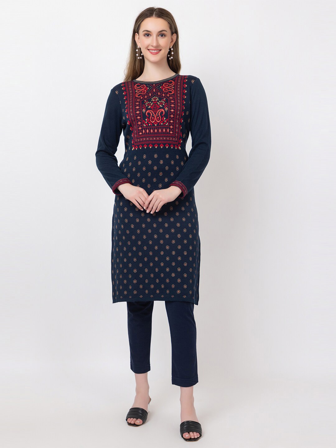 

KEIKO Ethnic Motifs Design Acrylic Sweater Winter Kurta, Navy blue