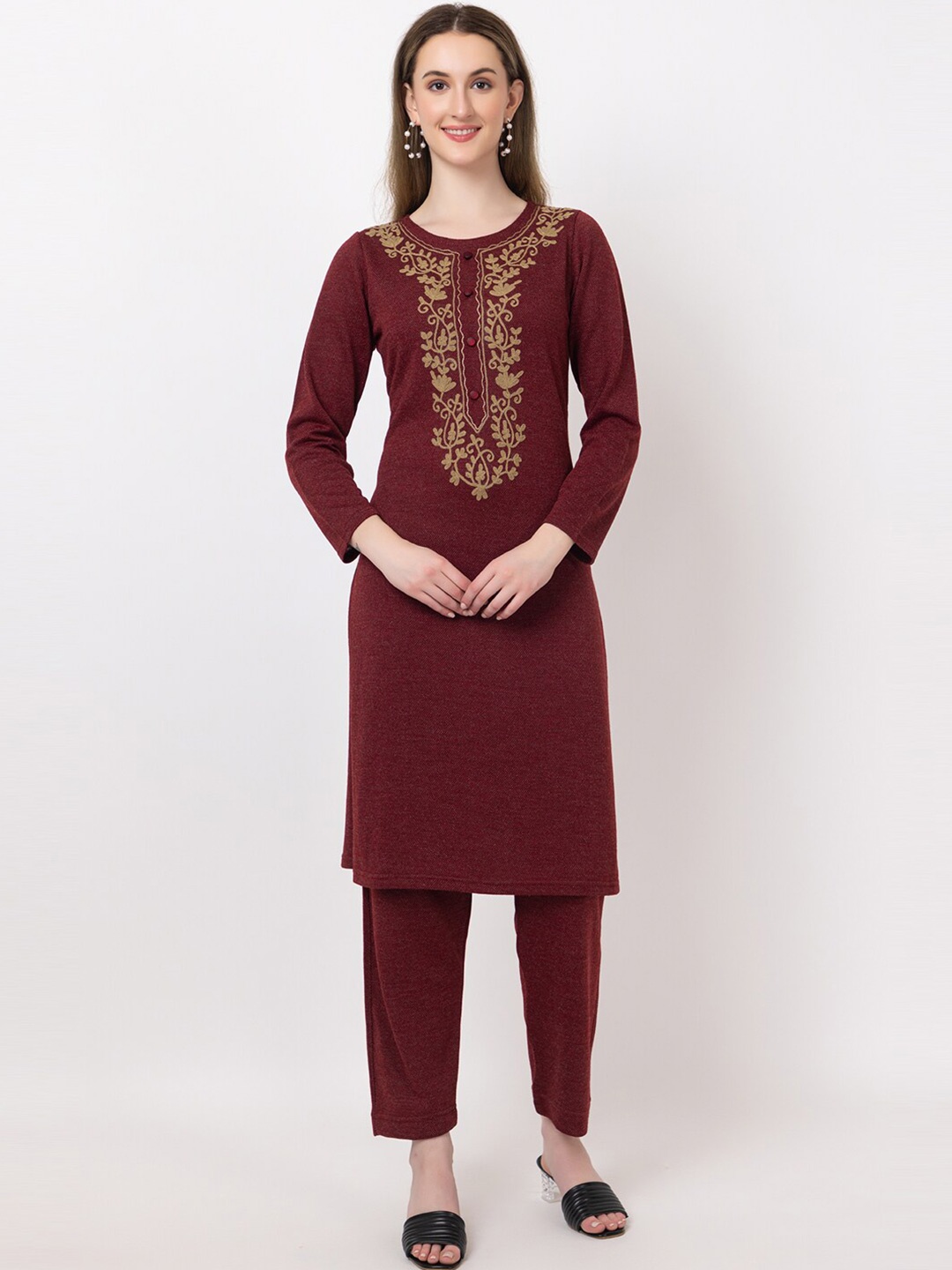 

KEIKO Floral Printed Knee Length Thread Work Kurta & Palazzo, Maroon