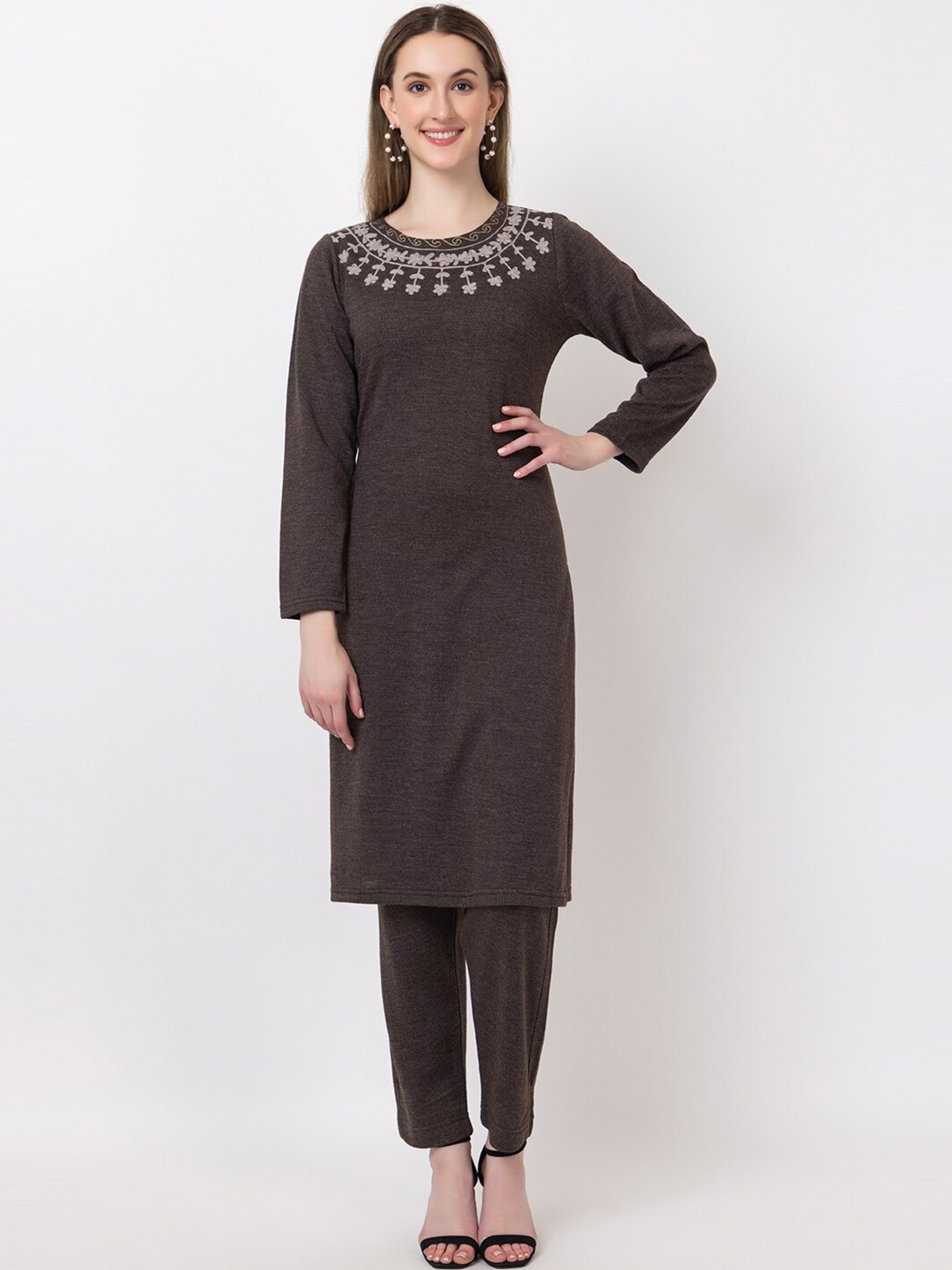 

KEIKO Floral Embroidered Knee Length Thread Work Kurta & Palazzo, Brown