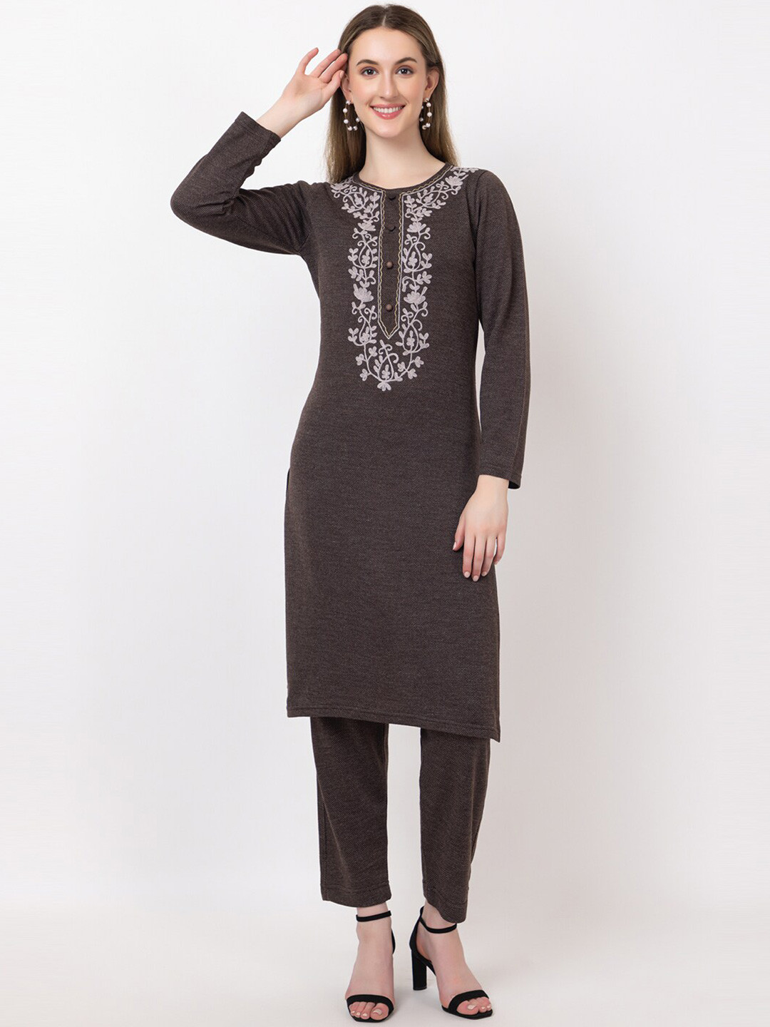 

KEIKO Floral Printed Knee Length Thread Work Kurta & Palazzo, Brown