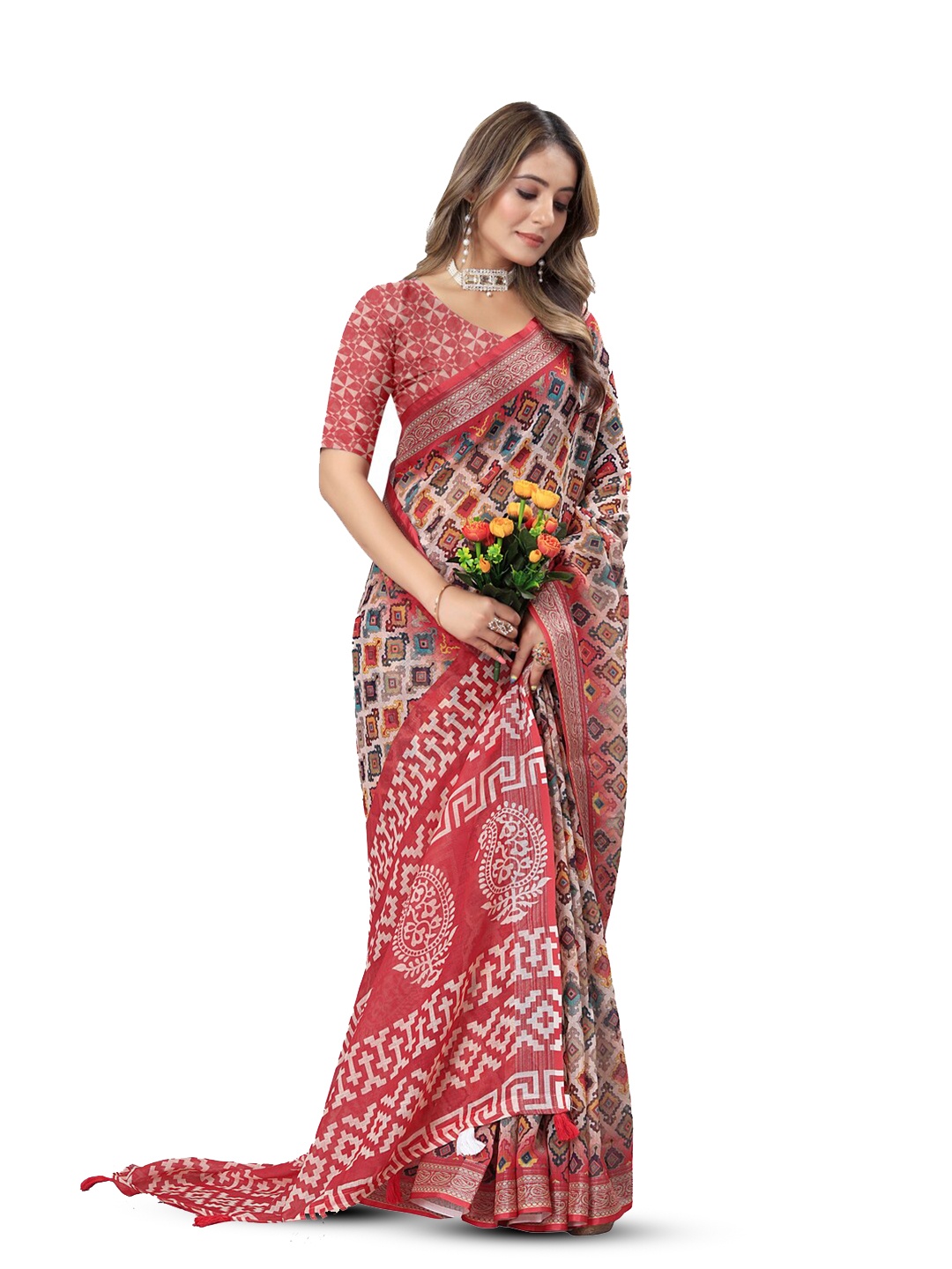 

Inithi Geometric Printed Pure Linen Zari Saree, White