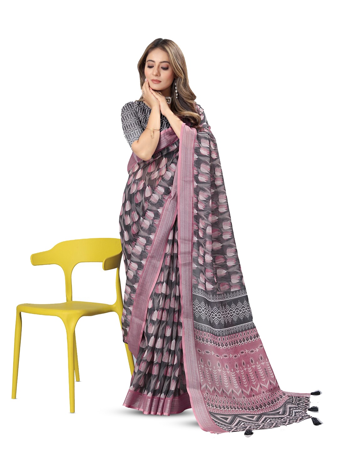 

Inithi Floral Printed Pure Linen Zari Saree, Black