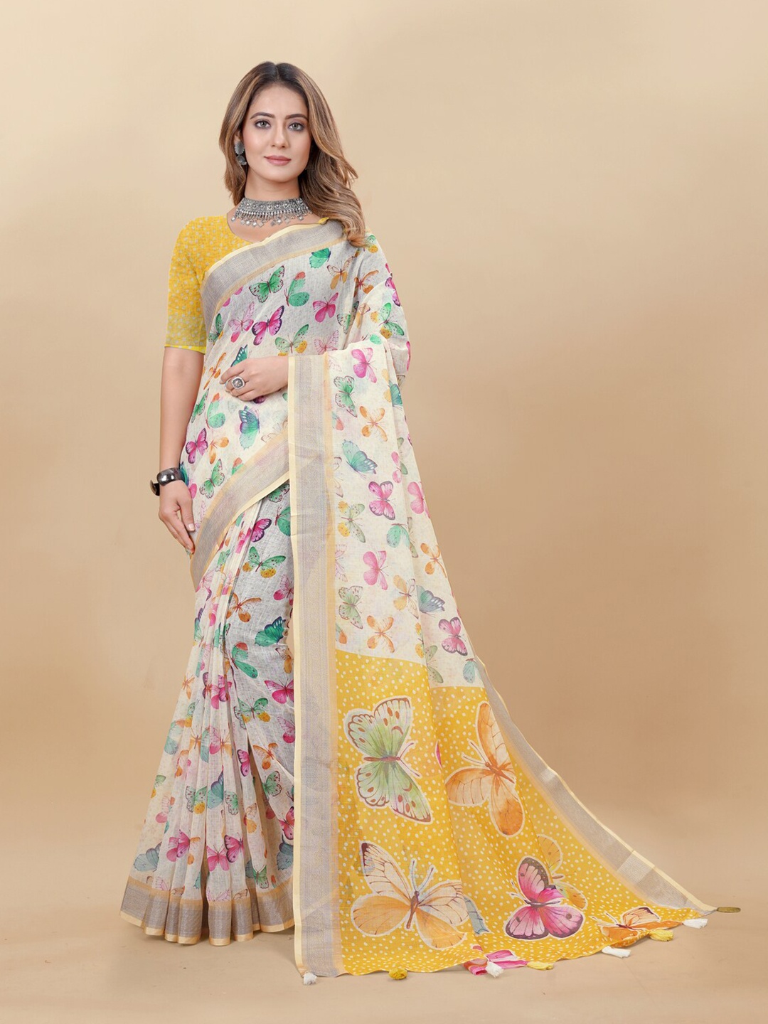 Inithi Woven Design Printed Pure Linen Zari Saree, Beige
