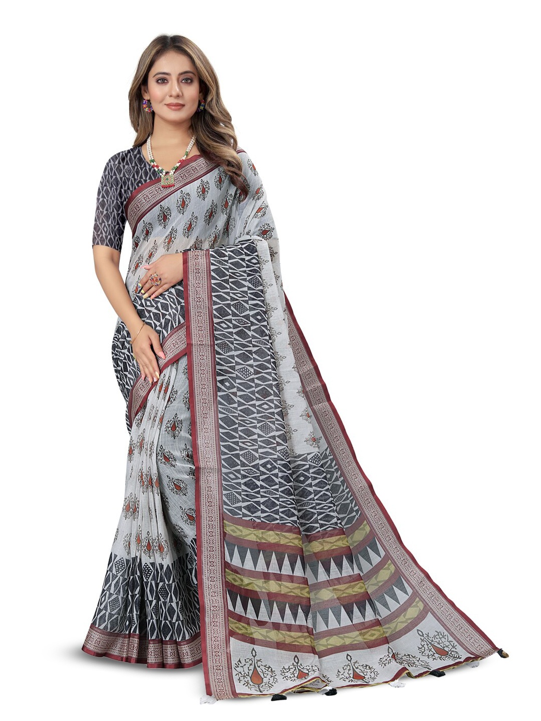 

Inithi Floral Printed Pure Linen Zari Saree, Grey