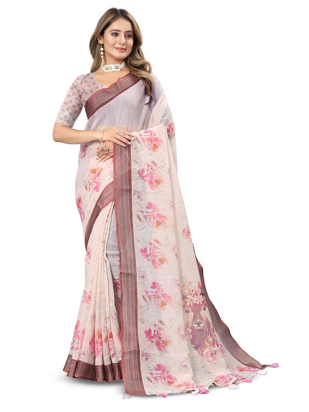 

Inithi Floral Printed Pure Linen Zari Saree, Pink