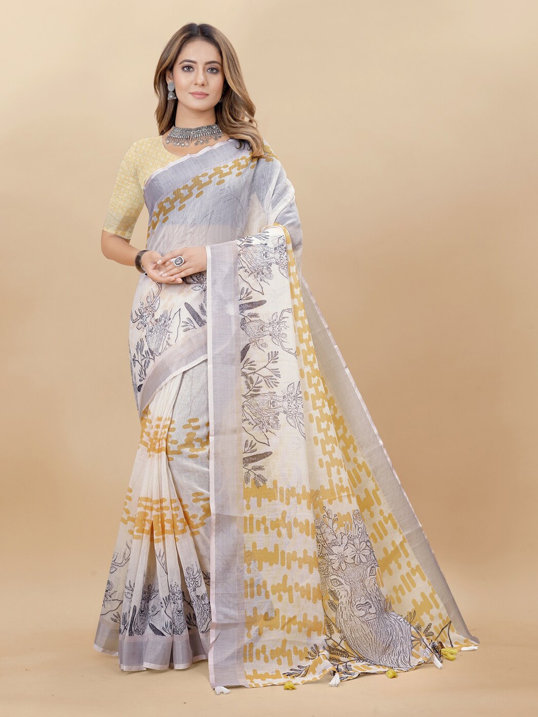 

Inithi Abstract Printed Pure Linen Saree, Grey