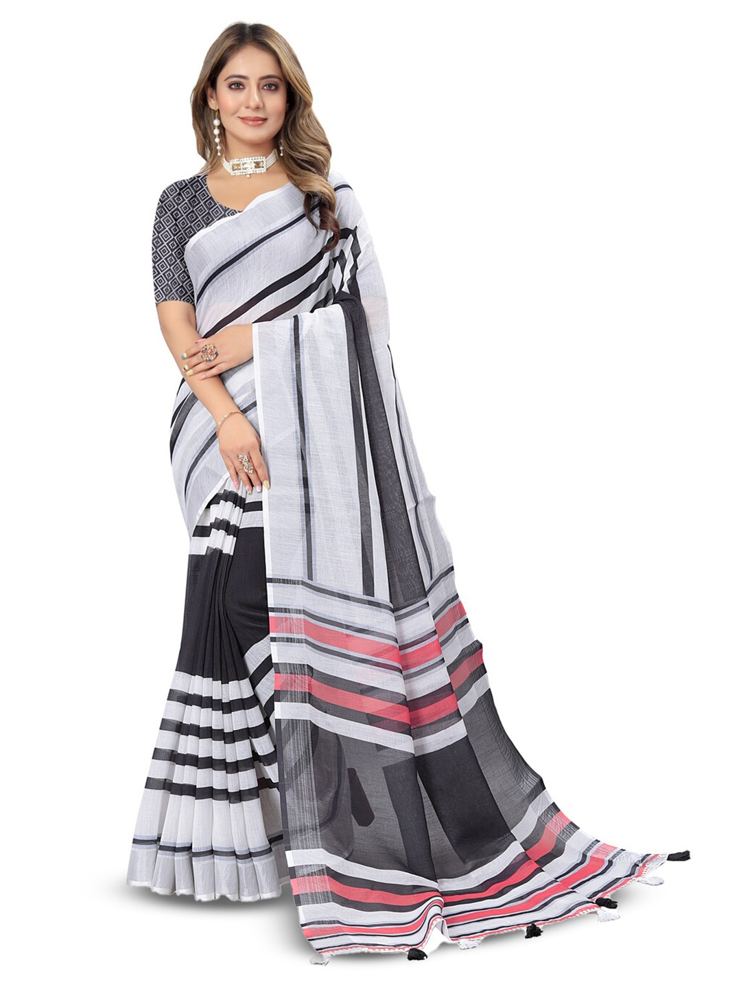 

Inithi Striped Woven Design Pure Linen Saree, White