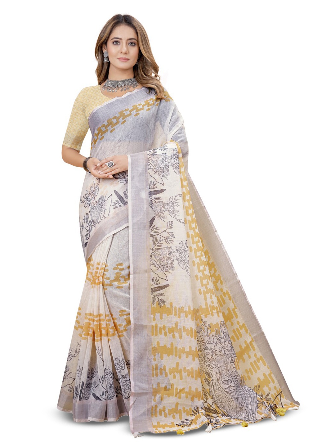 

Inithi Ethnic Motifs Printed Pure Linen Zari Saree, Grey