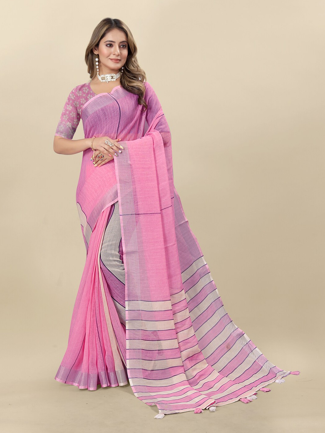 

Inithi Striped Printed Pure Linen Zari Saree, Pink