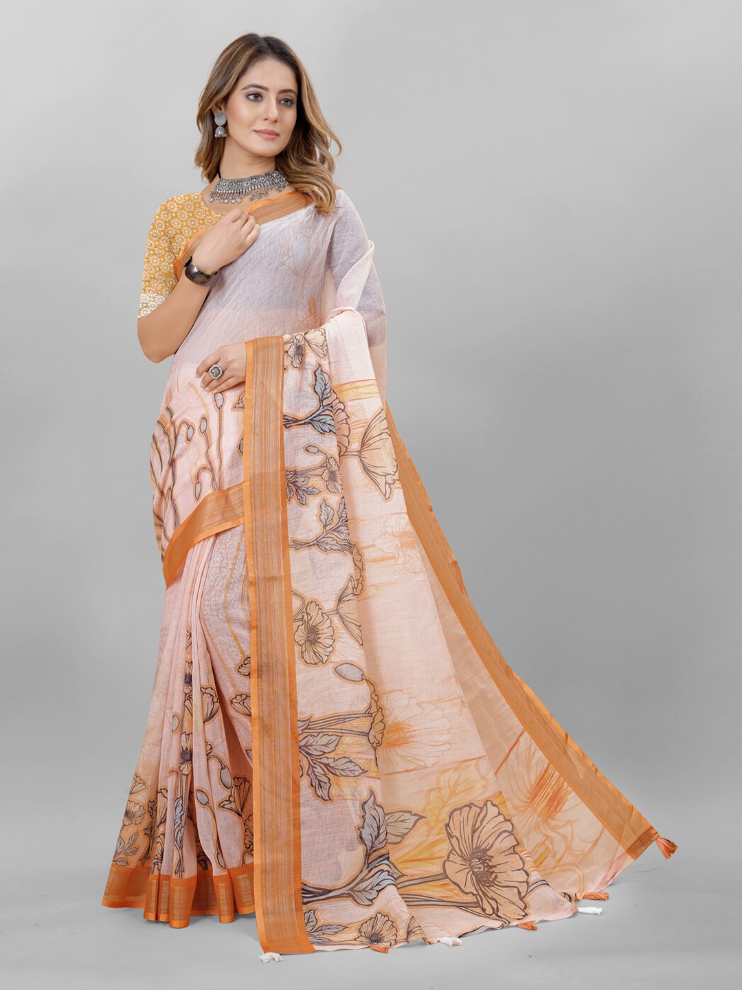 

Inithi Floral Printed Pure Linen Zari Saree, Orange