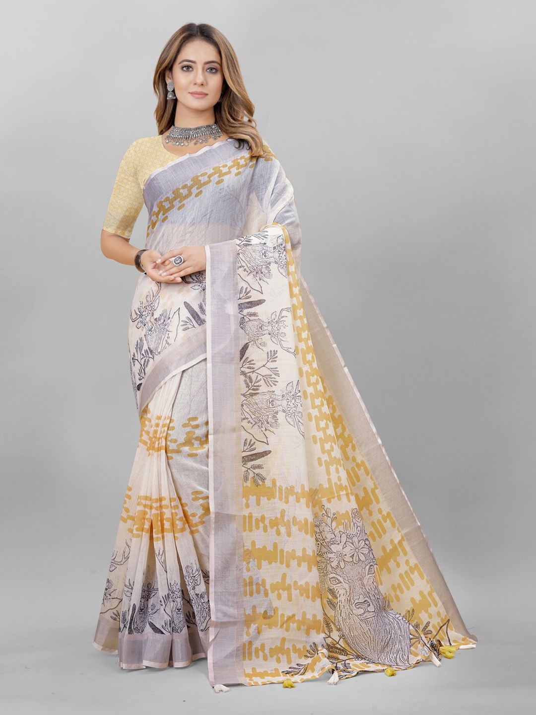 

Inithi Floral Printed Pure Linen Zari Saree, Grey