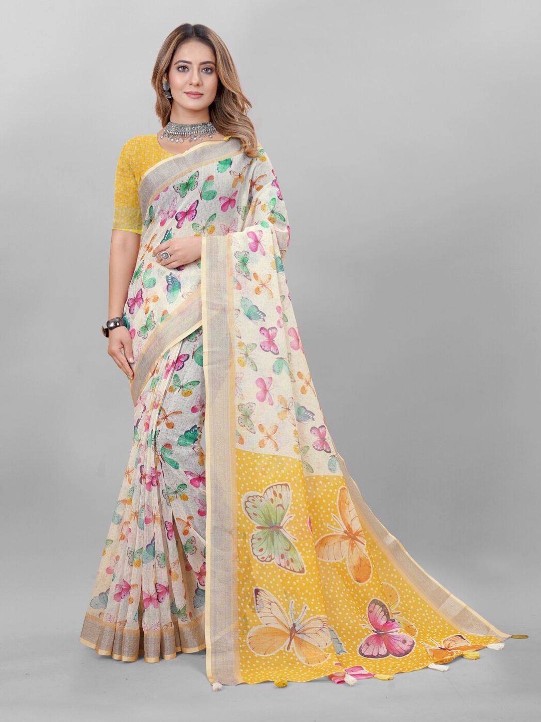 

Inithi Abstract Printed Pure Linen Zari Saree, Beige