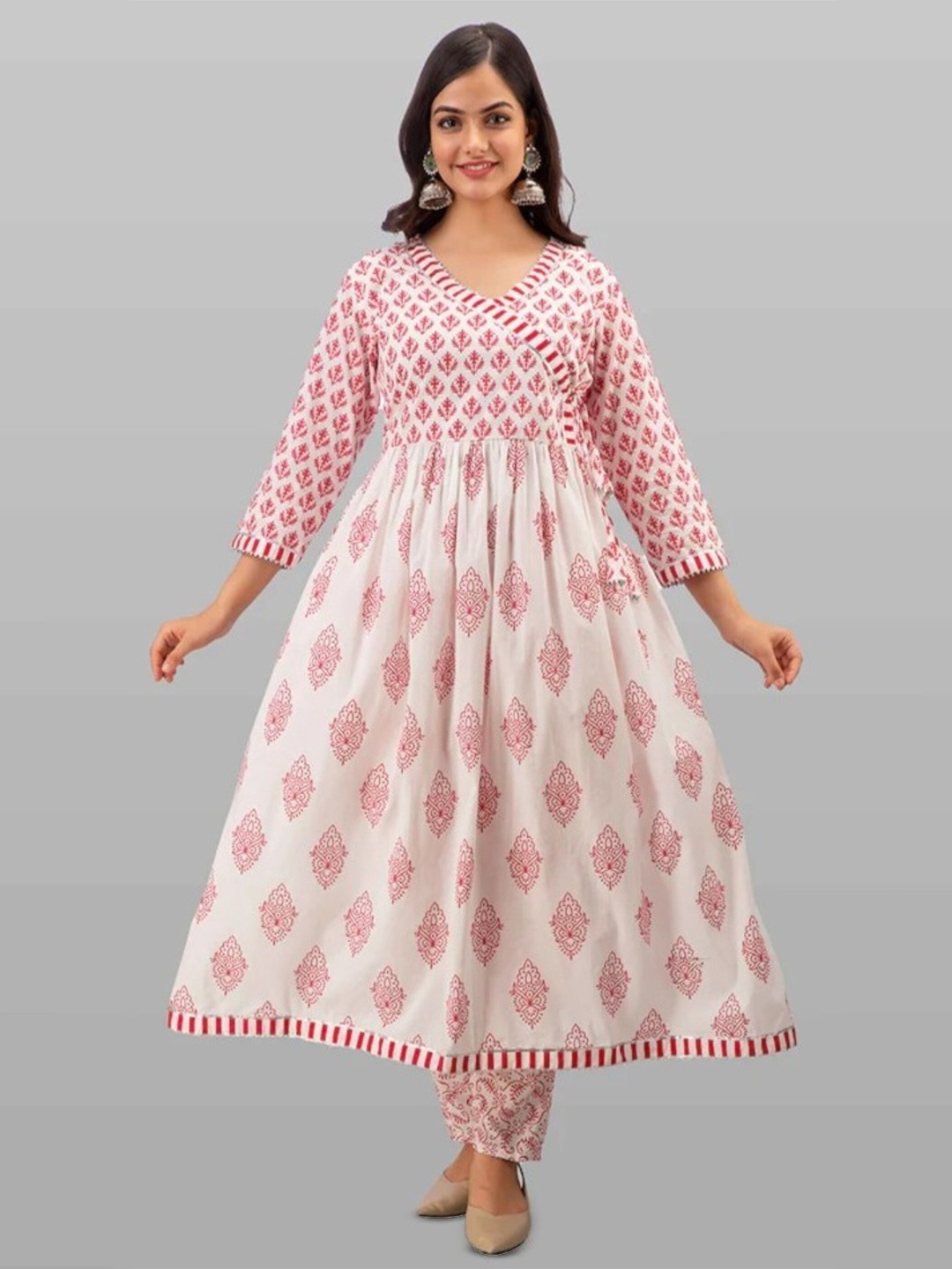 

ZEEPKART Floral Printed V Neck Angrakha Kurta with Salwar & Dupatta, Pink