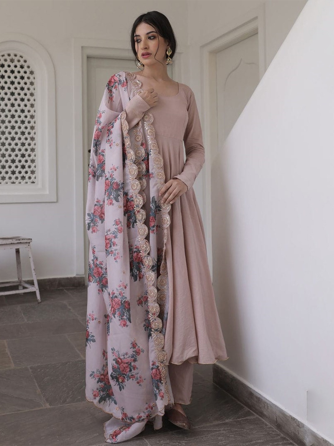 

ZEEPKART Round Neck Empire Kurta with Salwar & Dupatta, Brown