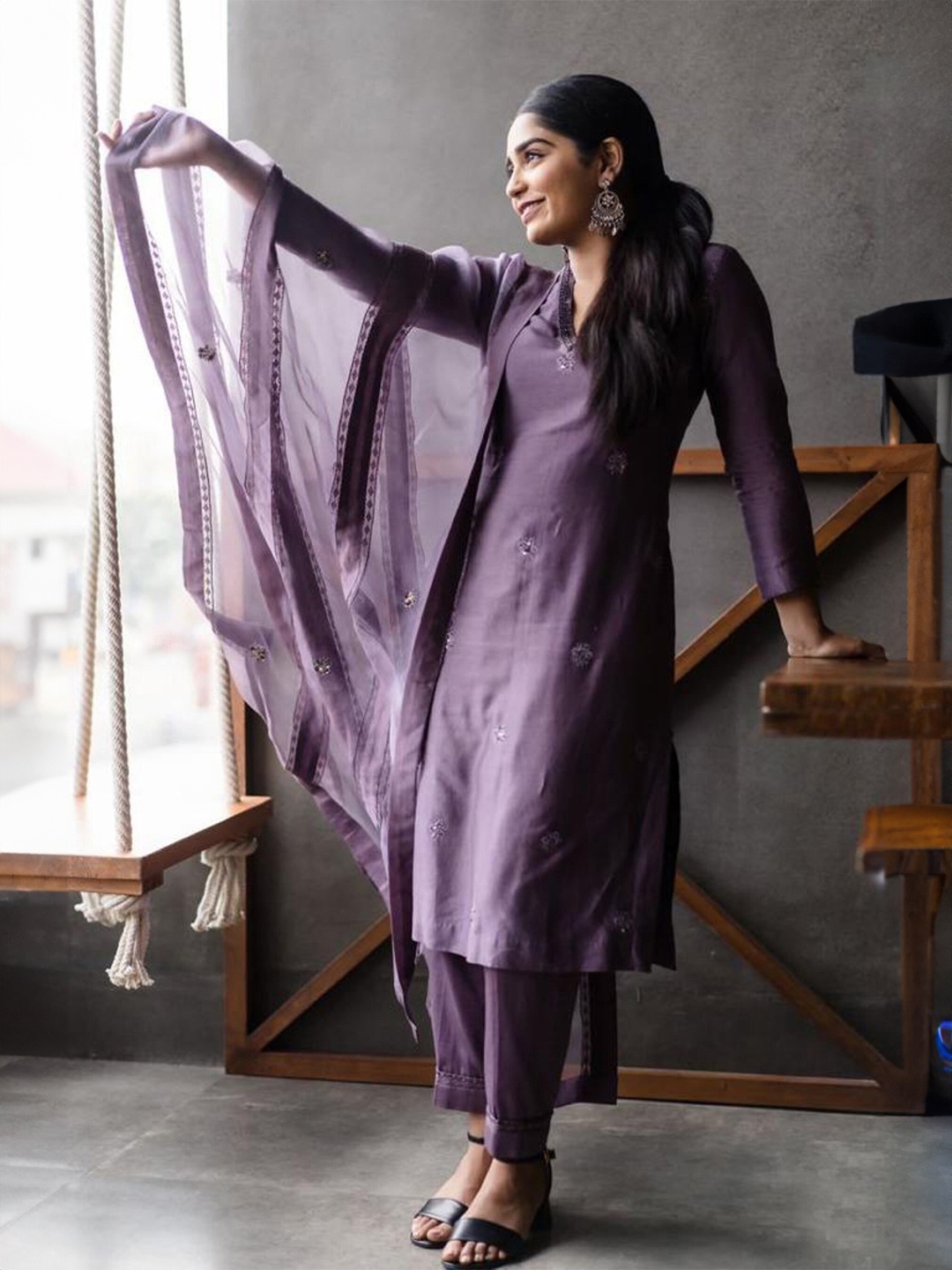 

ZEEPKART V-Neck Thread Work Kurta with Salwar & With Dupatta, Purple