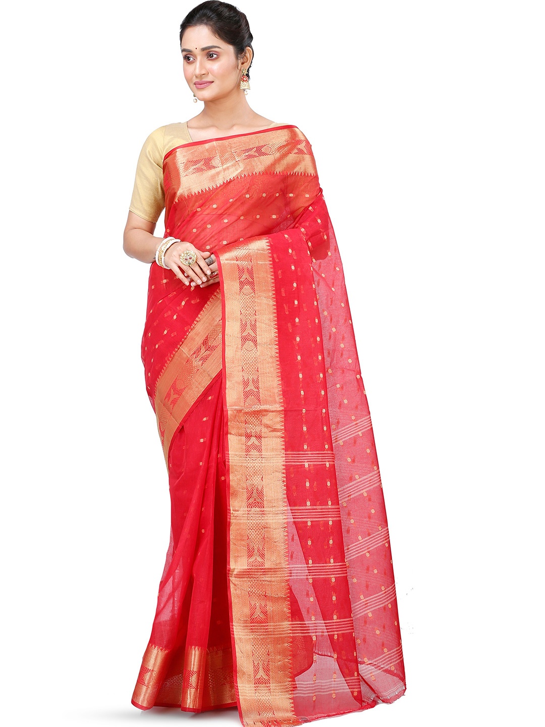 

PuJoy Ethnic Motif Woven Design Pure Cotton Handloom Taant Saree, Red