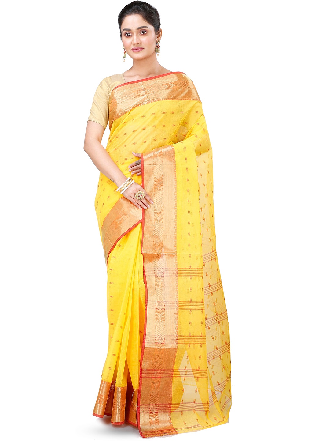 

PuJoy Ethnic Motif Woven Design Pure Cotton Handloom Taant Saree, Yellow