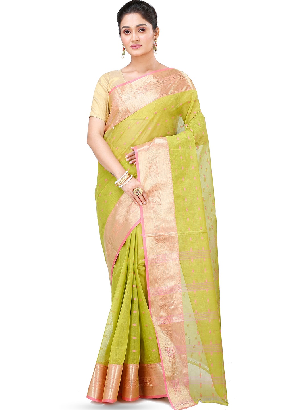 

PuJoy Ethnic Motif Woven Design Pure Cotton Handloom Taant Saree, Green