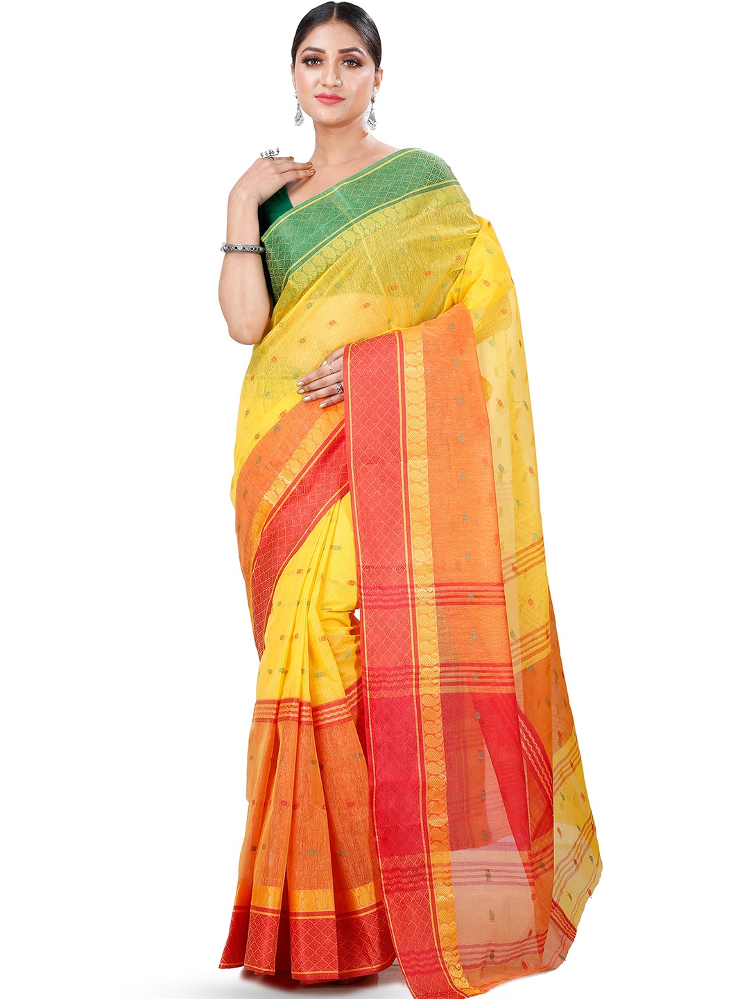 

PuJoy Ethnic Motif Woven Design Pure Cotton Handloom Taant Saree, Yellow