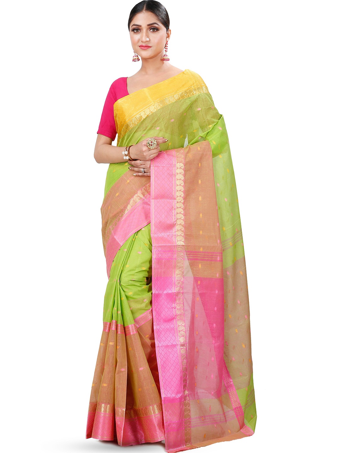 

PuJoy Ethnic Motif Woven Design Pure Cotton Handloom Taant Saree, Green