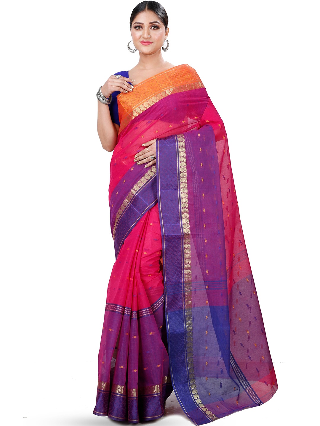 

PuJoy Pink Ethnic Motif Woven Design Pure Cotton Handloom Taant Saree