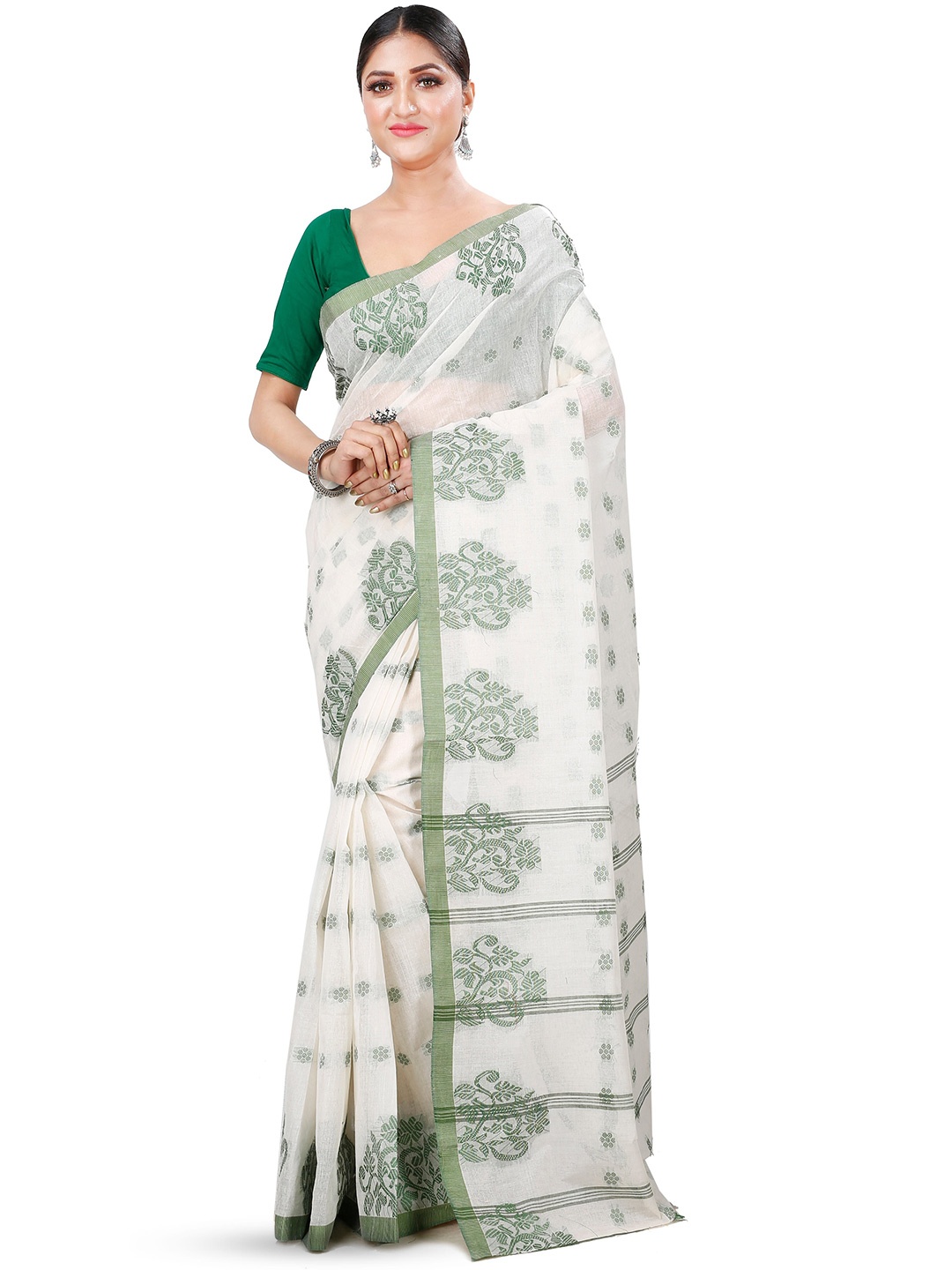 

PuJoy Ethnic Motif Woven Design Pure Cotton Handloom Taant Saree, Green