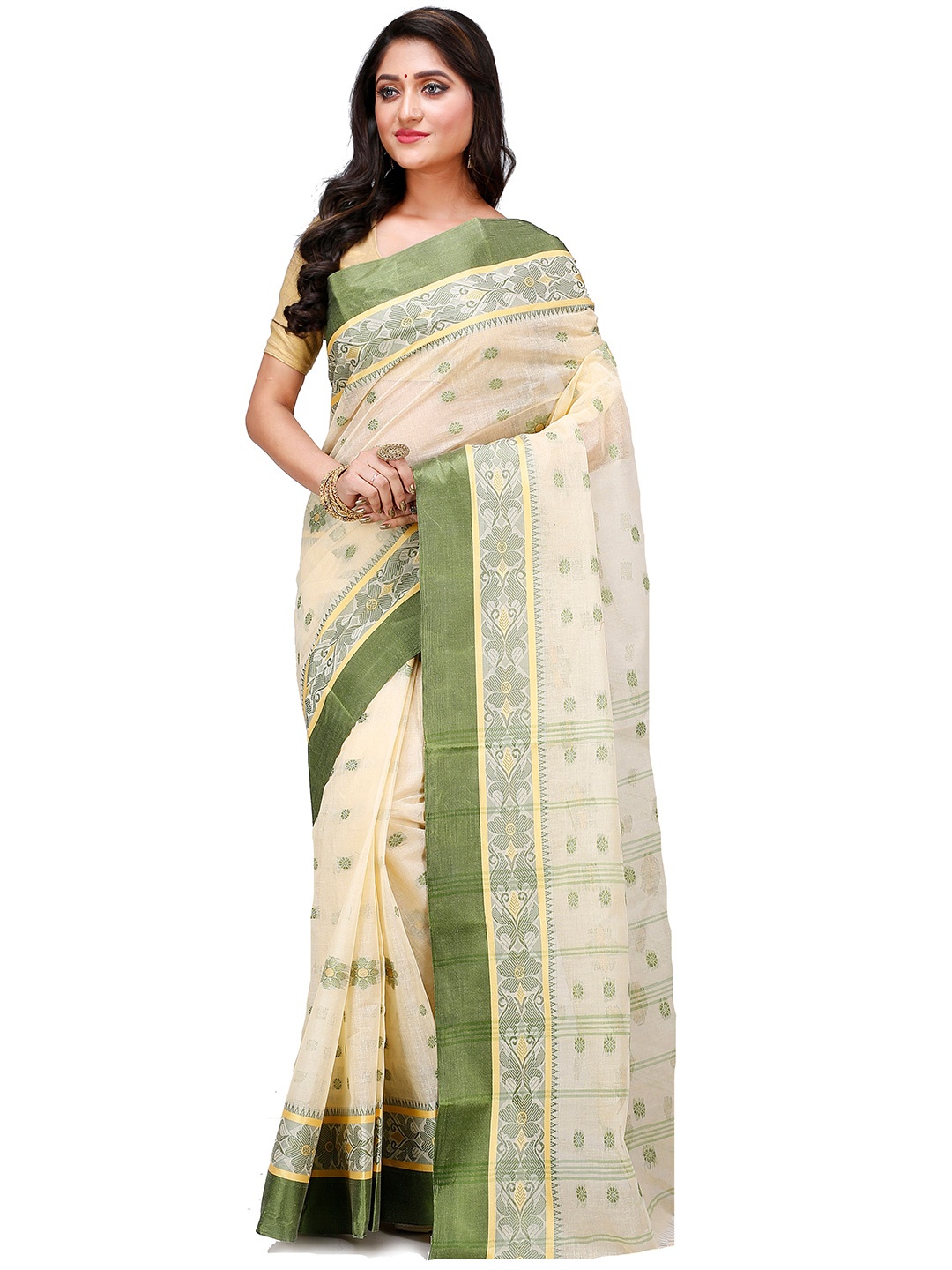 

PuJoy Ethnic Motif Woven Design Pure Cotton Handloom Taant Saree, Green