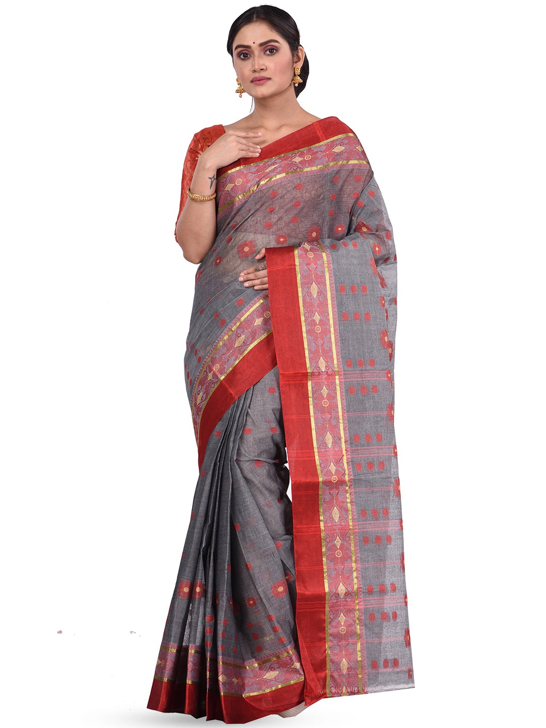 

PuJoy Ethnic Motif Woven Design Pure Cotton Handloom Taant Saree, Grey