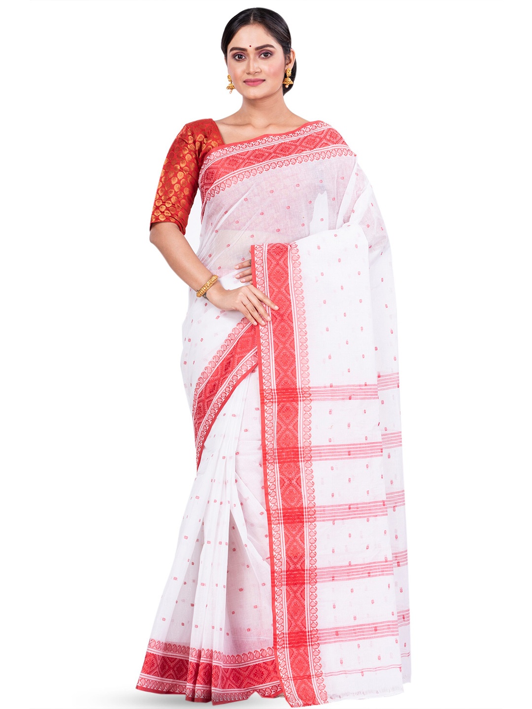 

PuJoy Ethnic Motif Woven Design Pure Cotton Handloom Taant Saree, White