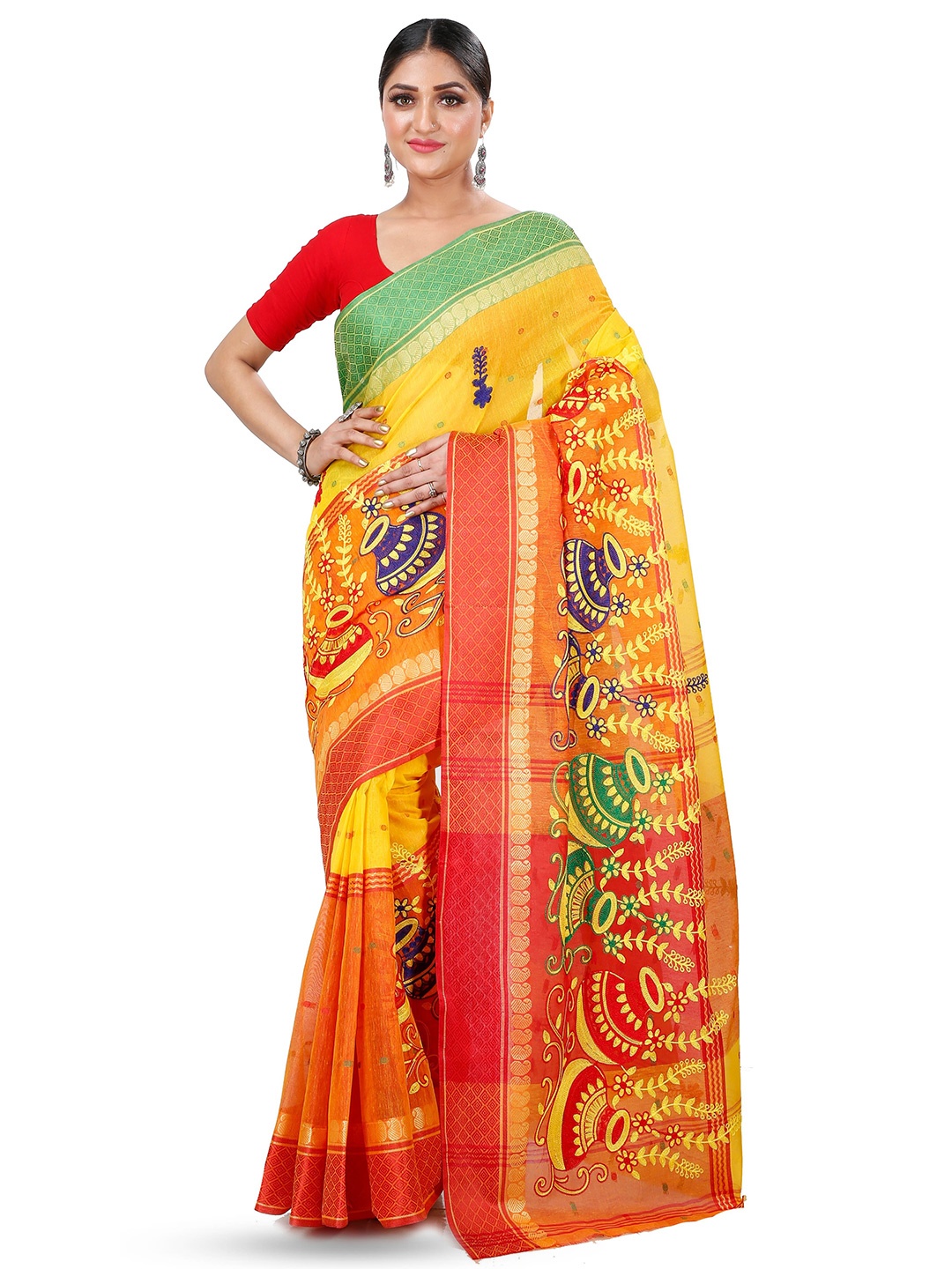 

PuJoy Ethnic Motif Woven Design Pure Cotton Handloom Taant Saree, Yellow