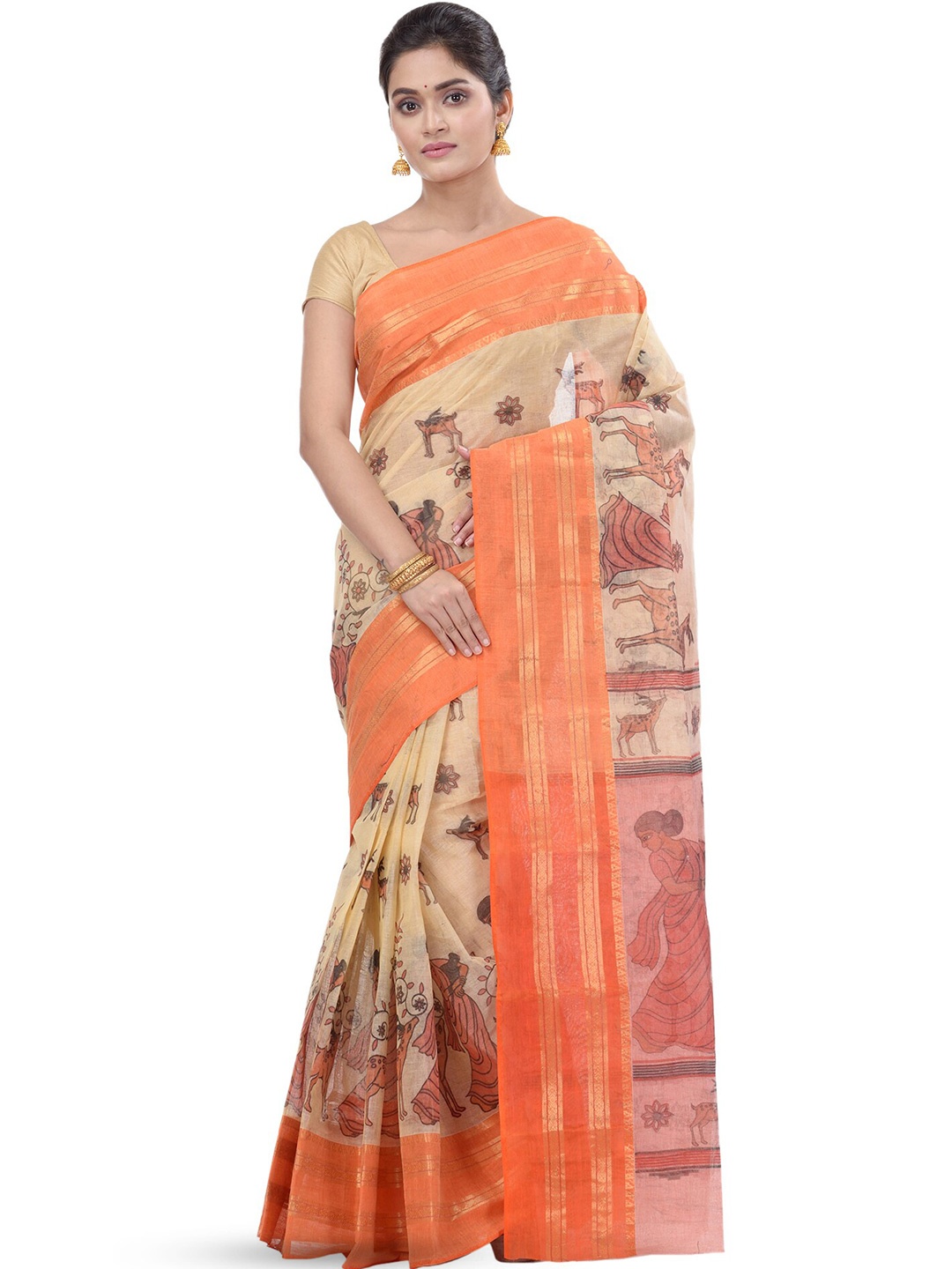 

PuJoy Ethnic Motif Woven Design Pure Cotton Handloom Taant Saree, Orange