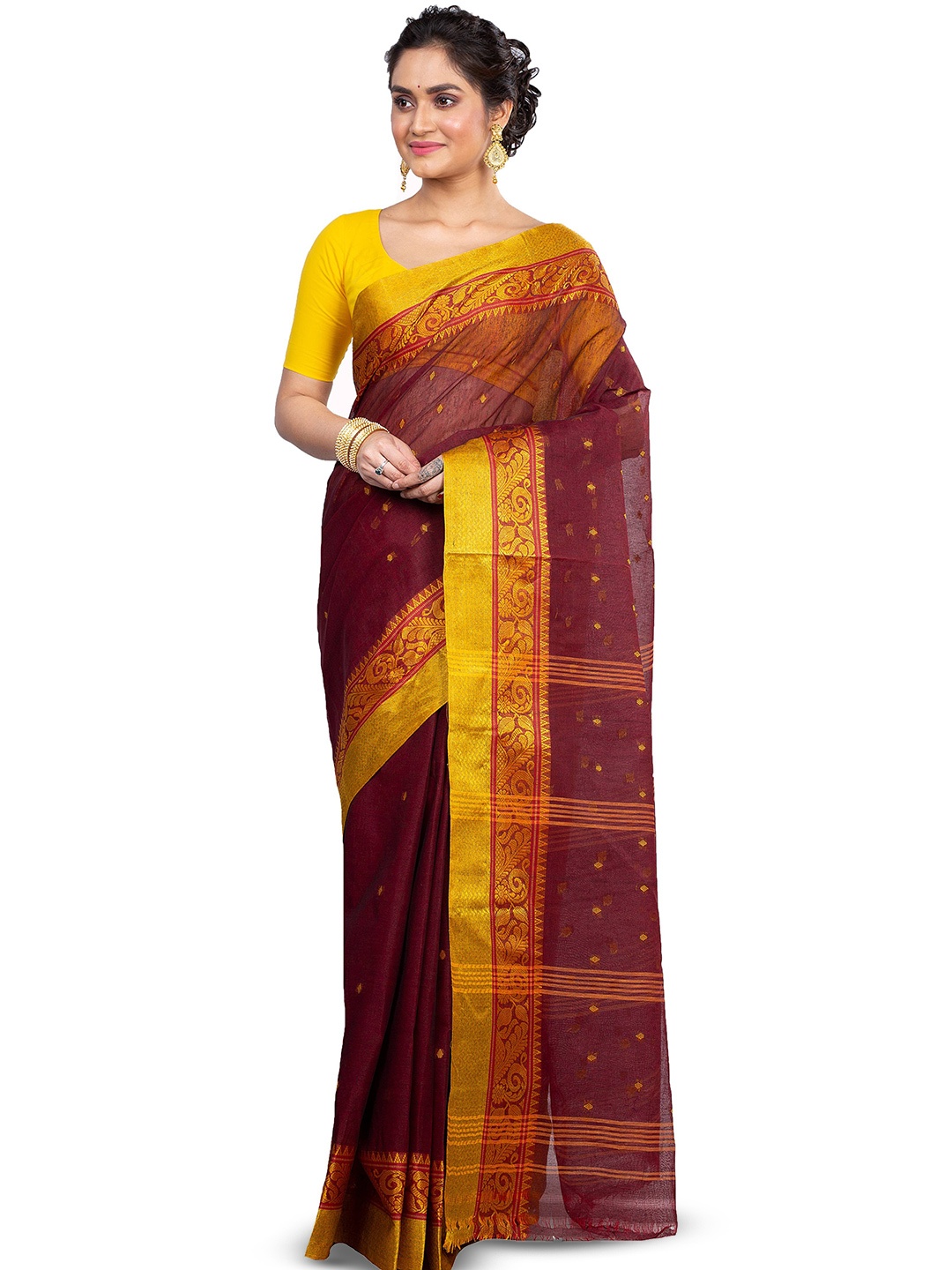 PuJoy Ethnic Motif Woven Design Pure Cotton Handloom Taant Saree, Brown