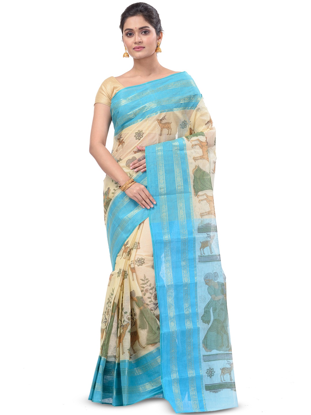 

PuJoy Ethnic Motif Woven Design Pure Cotton Handloom Taant Saree, Blue