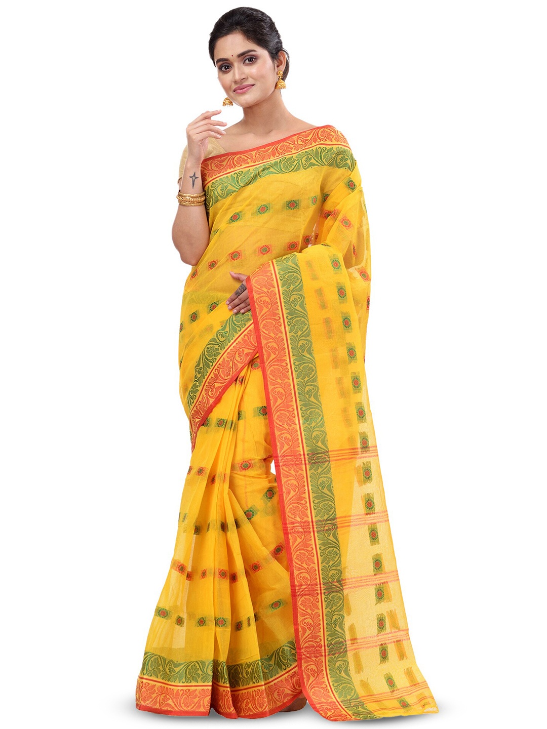 

PuJoy Ethnic Motif Woven Design Pure Cotton Handloom Taant Saree, Yellow