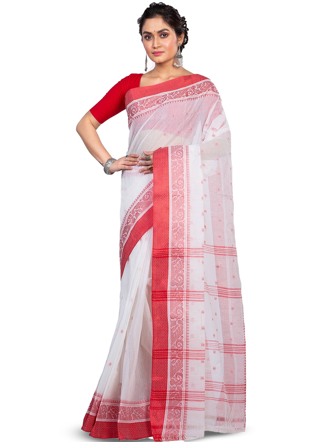 

PuJoy Ethnic Motif Woven Design Pure Cotton Handloom Taant Saree, White