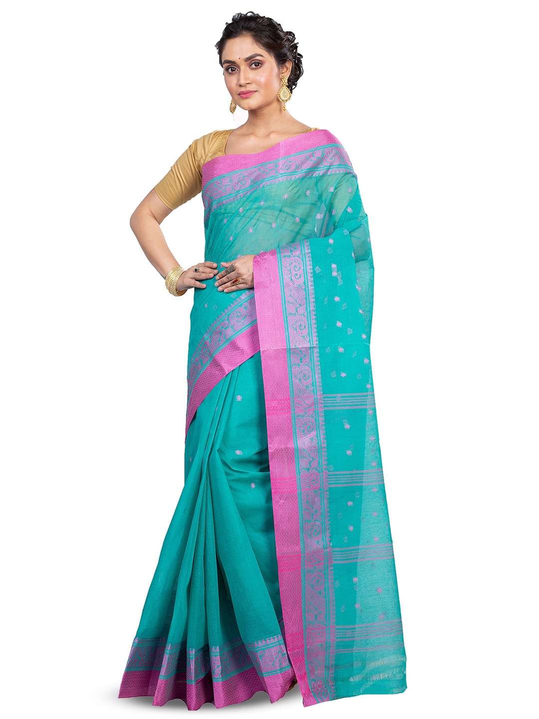 

PuJoy Ethnic Motifs Woven Design Pure Cotton Taant Saree, Green